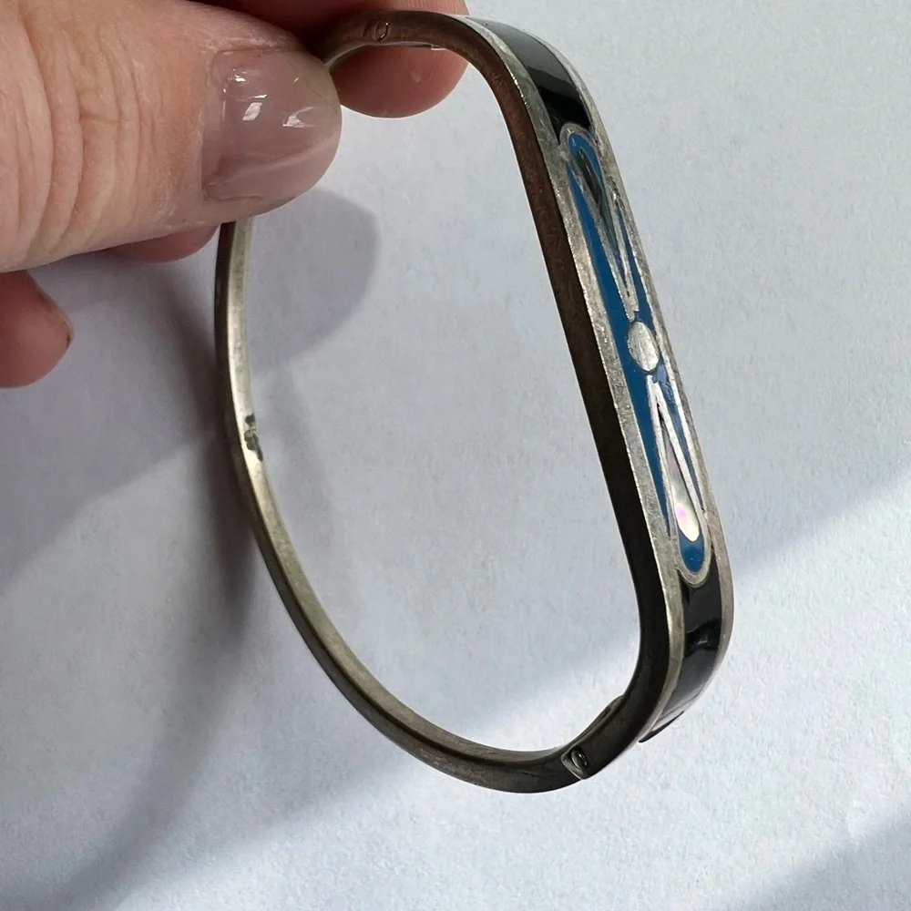 Vintage Sterling Silver and Blue and Black Enamel Inlay Bracelet